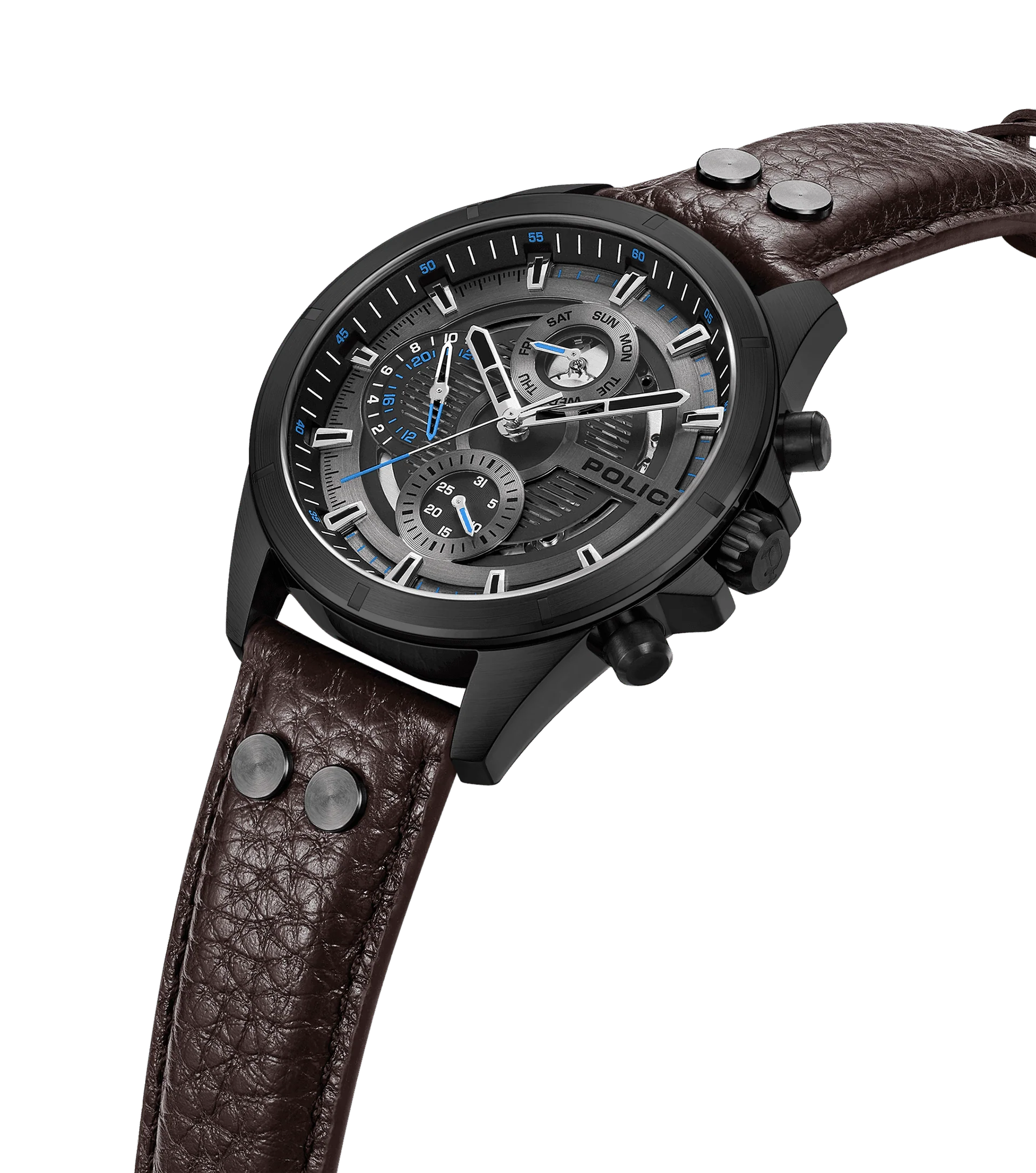 Police Malawi Quartz Multifunction Chronograph Black IP Stainless Steel Brown Leather Watch (PEWJF0004602)