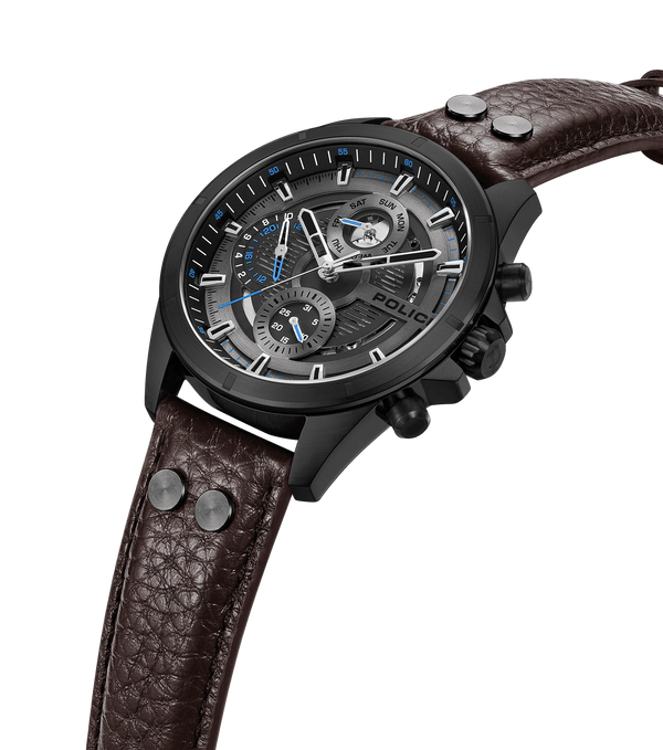 Police Malawi Quartz Multifunction Chronograph Black IP Stainless Steel Brown Leather Watch (PEWJF0004602)