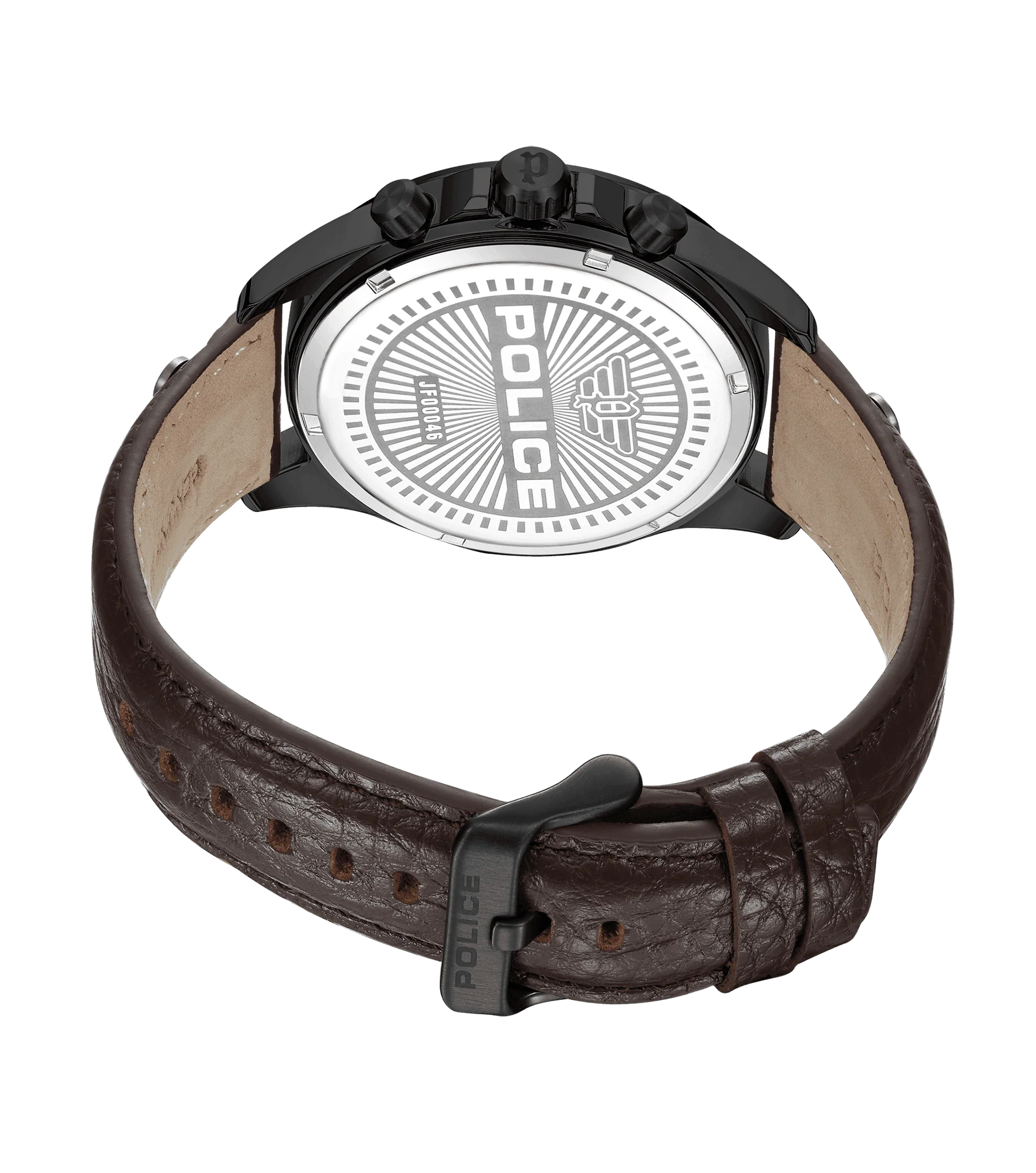 Police Malawi Quartz Multifunction Chronograph Black IP Stainless Steel Brown Leather Watch (PEWJF0004602)