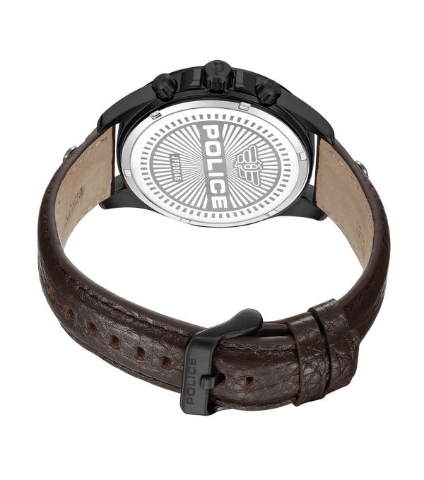 Police Malawi Quartz Multifunction Chronograph Black IP Stainless Steel Brown Leather Watch (PEWJF0004602)