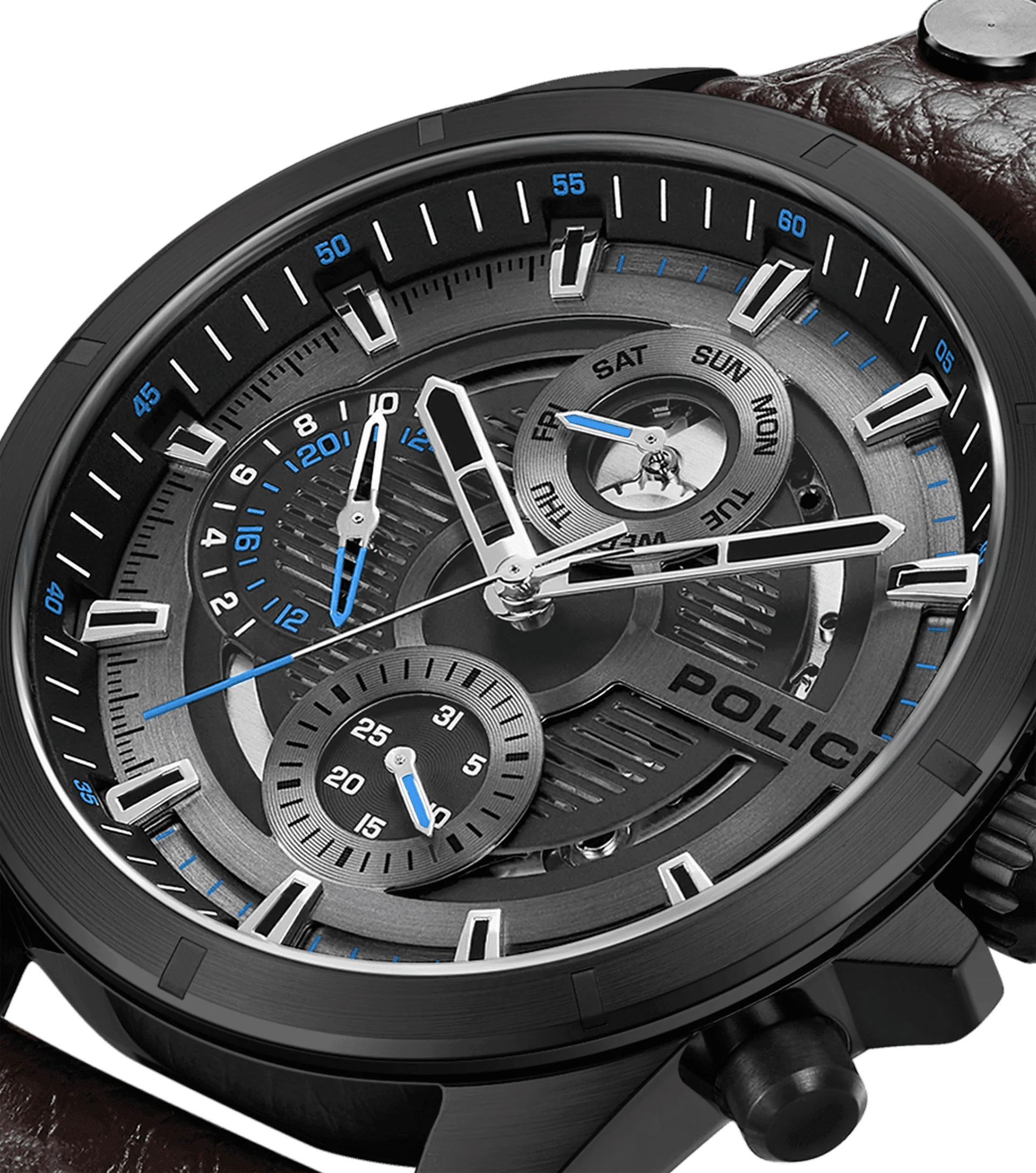 Police Malawi Quartz Multifunction Chronograph Black IP Stainless Steel Brown Leather Watch (PEWJF0004602)