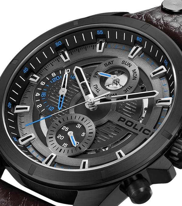 Police Malawi Quartz Multifunction Chronograph Black IP Stainless Steel Brown Leather Watch (PEWJF0004602)