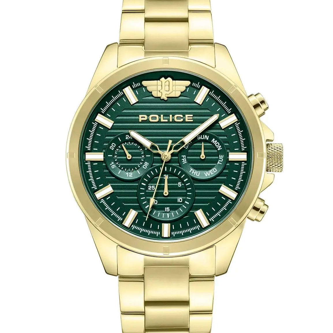 Police Malawi PEWJK2227809 quartz chronograph watch with dark green textured dial and gold-tone stainless steel bracelet