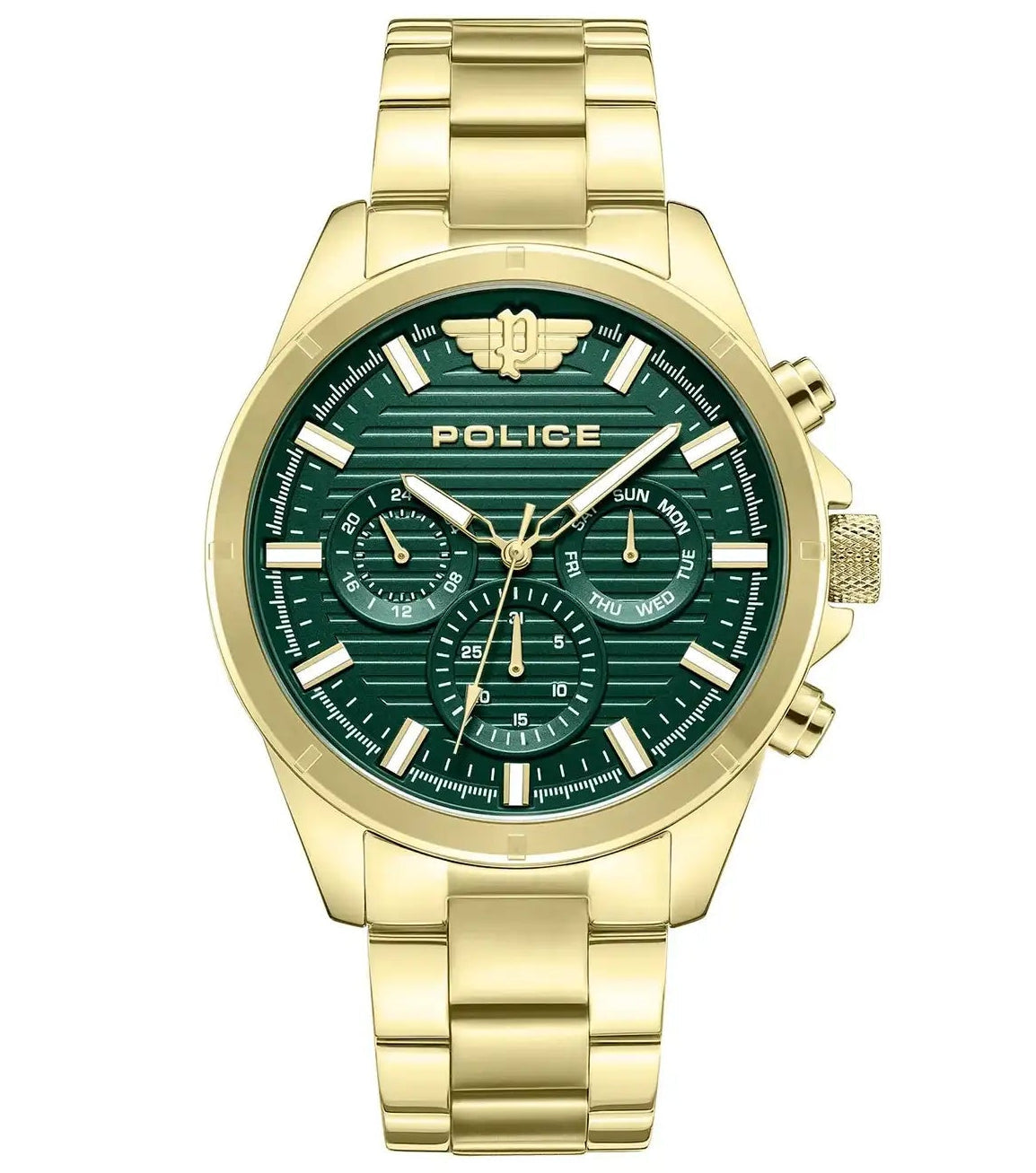 Police Malawi PEWJK2227809 quartz chronograph watch with dark green textured dial and gold-tone stainless steel bracelet