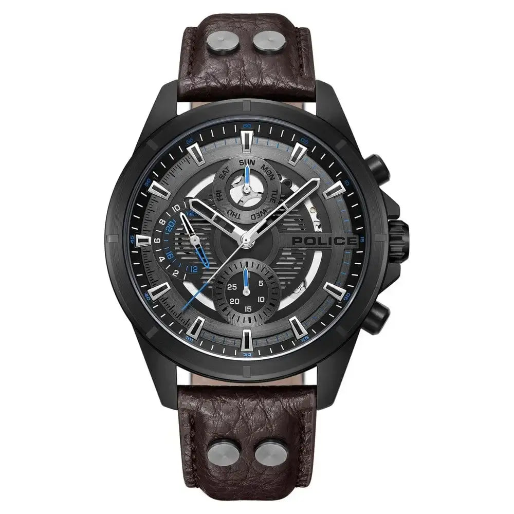 Police Malawi chronograph watch front view showing grey skeletonised dial with blue accents