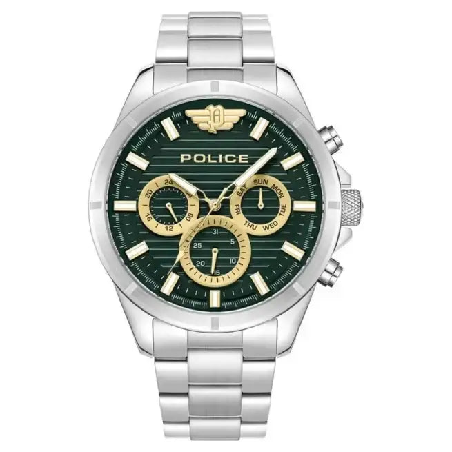 Police Raho PEWJK2227803 quartz chronograph watch with green dial, gold-tone sub-dials, and stainless steel bracelet
