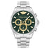 Police Raho PEWJK2227803 quartz chronograph watch with green dial, gold-tone sub-dials, and stainless steel bracelet
