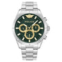Police Raho PEWJK2227803 quartz chronograph watch with green dial, gold-tone sub-dials, and stainless steel bracelet