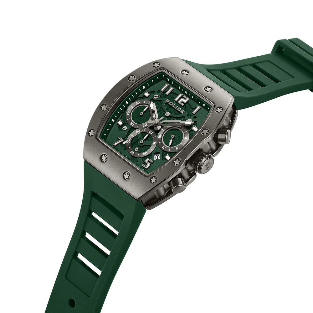 Police Chronograph Tonneau Green Dial Gunmetal Rubber Watch (PEWGQ2240103)
