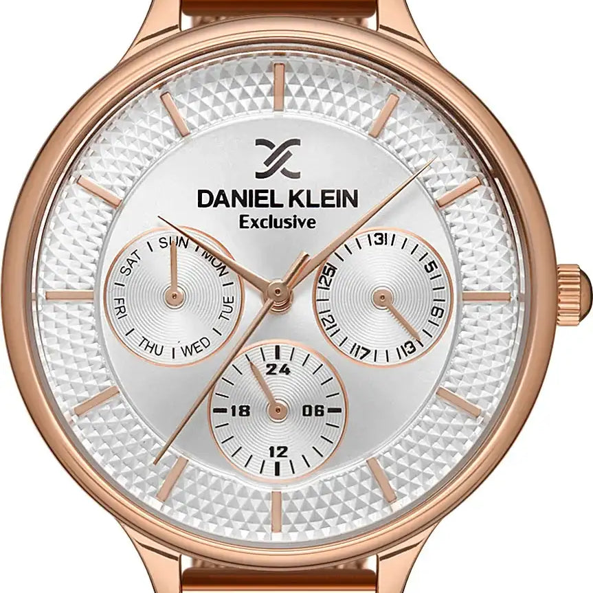 Daniel Klein Exclusive DK.1.12990-2 women's rose gold mesh watch with silver guilloche dial and multifunction subdials