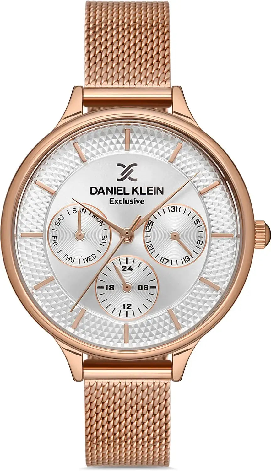 Daniel Klein Exclusive DK.1.12990-2 women's rose gold mesh watch with silver guilloche dial and multifunction subdials