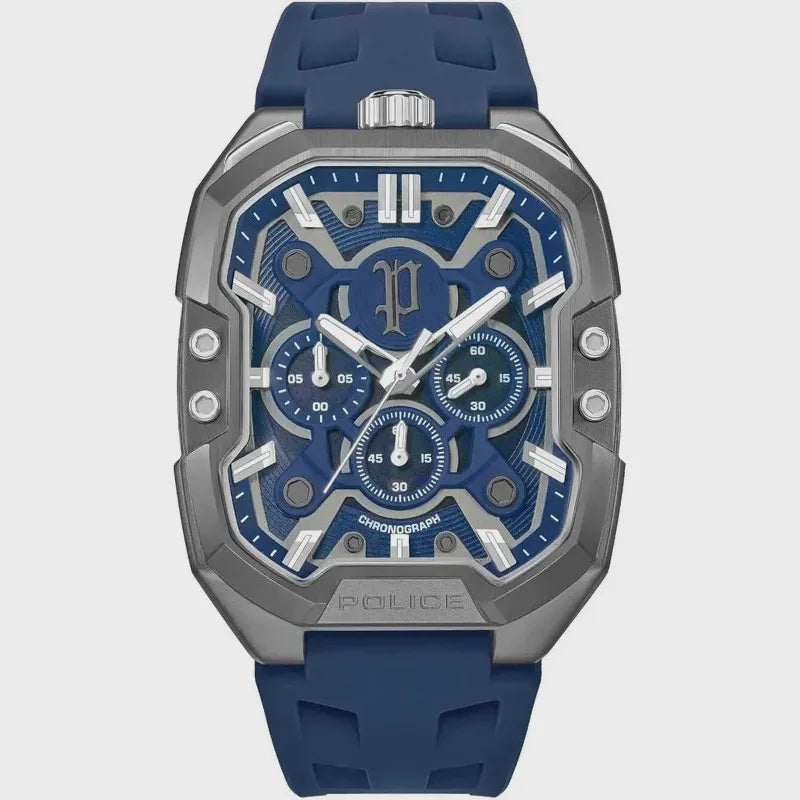 Police Bullhead chronograph with blue dial, gunmetal tonneau case and silicone strap