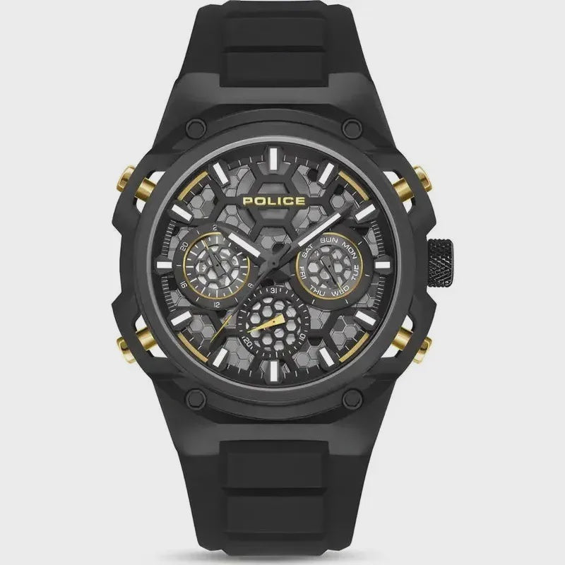 Police Challenger 46mm watch with black honeycomb dial, three sub-dials and black silicone strap