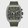Police Coswig tonneau-shaped quartz chronograph watch with green textured dial, 50mm grey stainless steel case, and green textile strap