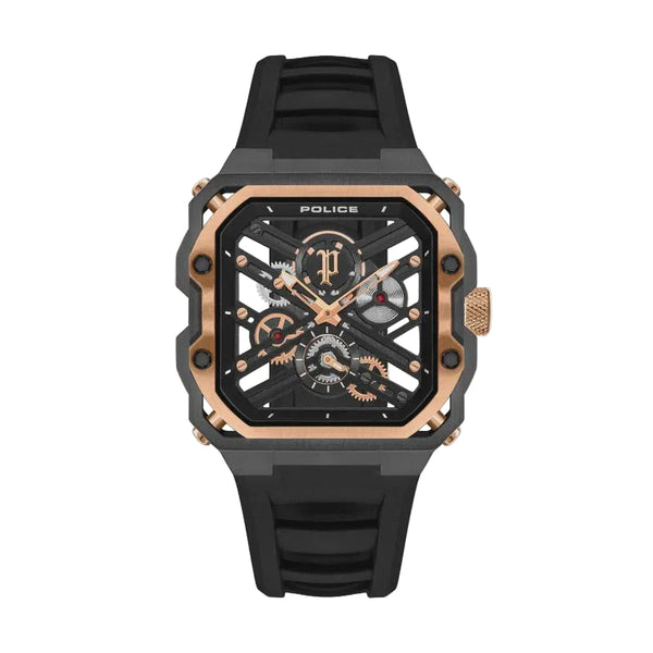 POLICE Disruptor I PEWGM0072002 men's quartz watch with black skeleton dial, rose gold bezel, and black rubber strap