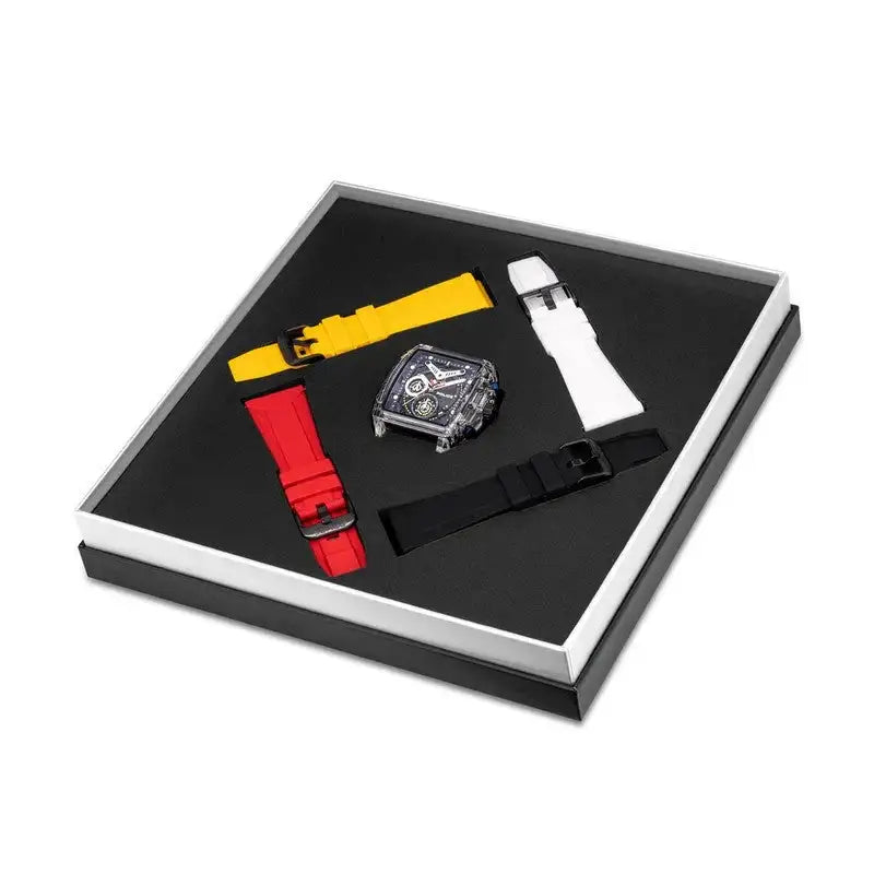 Police Clout PEWGO0052402-SET chronograph box set with translucent 43mm case and four interchangeable silicone straps in black yellow red white