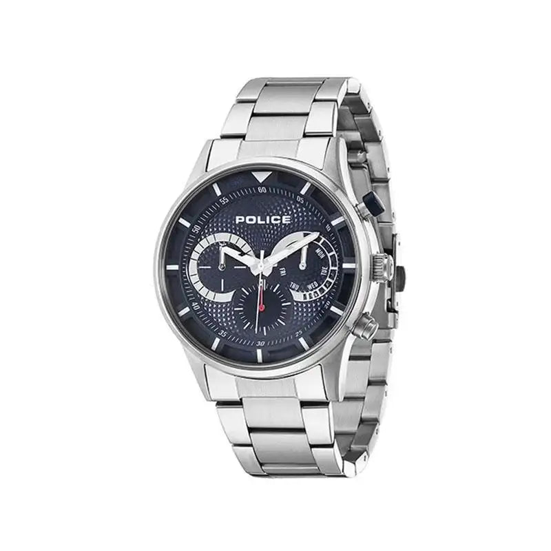 Police Driver 14383JS-03M quartz multifunction watch with textured blue dial and stainless steel bracelet on white background