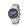 Police Driver 14383JS-03M quartz multifunction watch with textured blue dial and stainless steel bracelet on white background