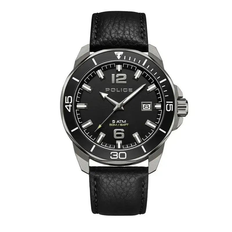 Police Thornton PEWJB2228102 men's quartz watch with black dial, stainless steel case, rotating bezel, and black leather strap