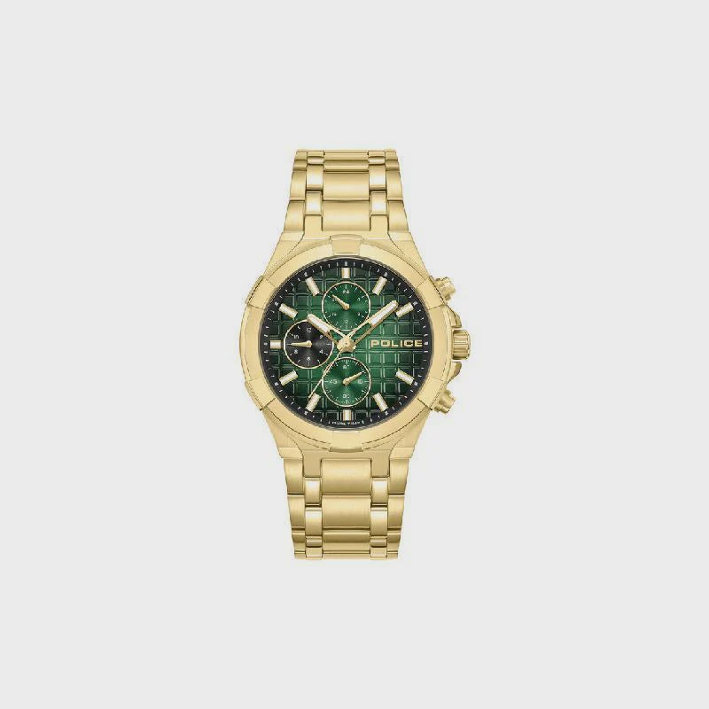 Police Guardian PEWGK0082003 chronograph watch with green dial and gold-tone stainless steel case and bracelet