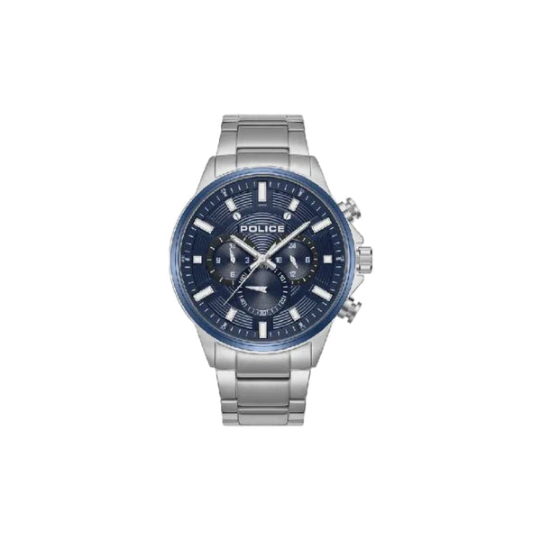 Police Kismet PEWJK2195140 men's multifunction quartz watch with blue guilloché dial and stainless steel bracelet