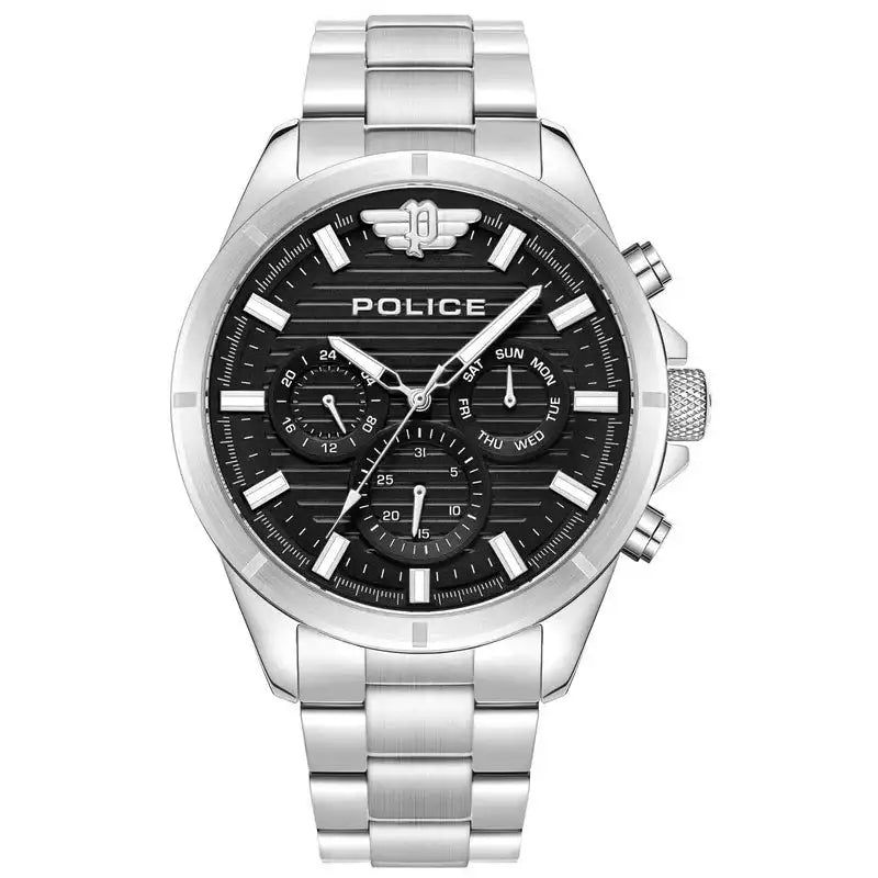 Police Malawi PEWJK2227806 mens multifunction quartz watch with 45mm stainless steel case, black textured dial, day display, 24-hour sub-dial, and polished steel bracelet