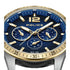 Two-tone stainless steel case side profile with leather strap attached