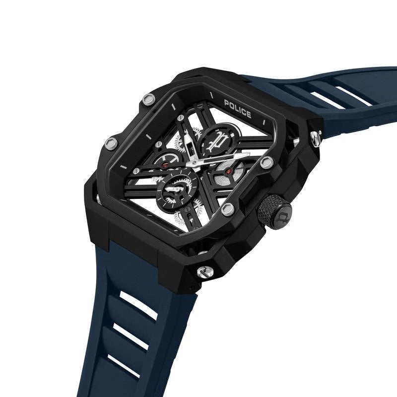 Police Disruptor I Quartz Skeletonised Black PVD Blue Silicone Watch (PEWGM0072001) - Cassim & Co South Africa