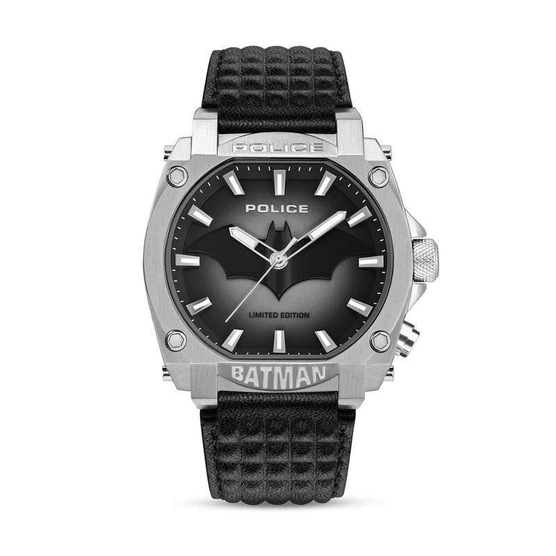 Police Forever Batman Limited Edition Quartz Watch PEWGD0022603 with 45mm stainless steel cushion case, black dial featuring Batman emblem silhouette, and quilted black leather strap