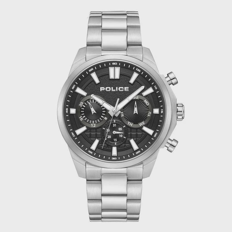Police Rangy PEWJK0021001 mens chronograph watch with 44mm stainless steel case black textured dial and integrated bracelet