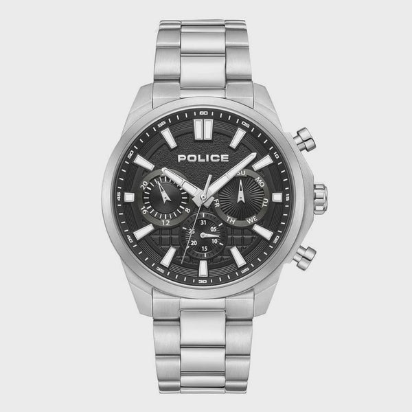 Police Rangy PEWJK0021001 mens chronograph watch with 44mm stainless steel case black textured dial and integrated bracelet