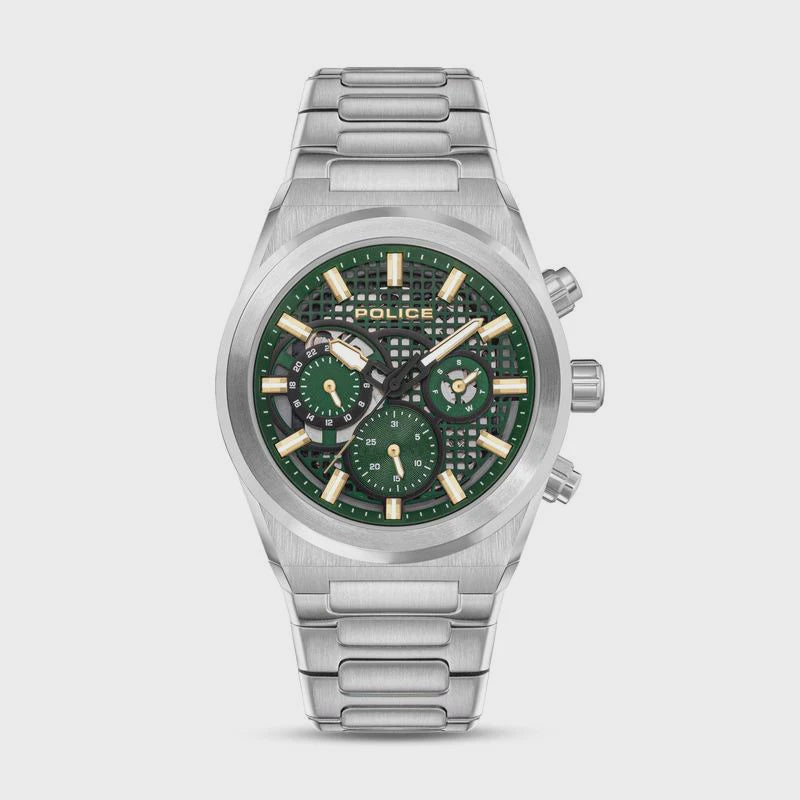 Police Eclipse PEWJK2226708 stainless steel quartz chronograph watch with green textured dial and integrated bracelet