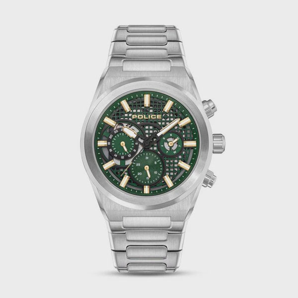 Police Eclipse PEWJK2226708 stainless steel quartz chronograph watch with green textured dial and integrated bracelet
