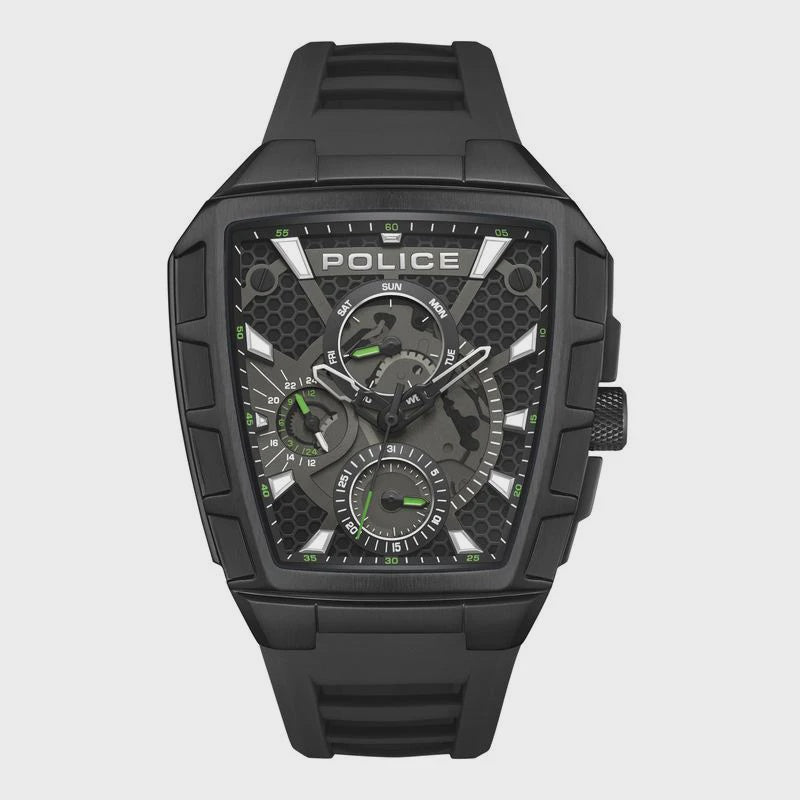 Police Tough Gear PEWGQ0056801 mens quartz watch with 46mm IP black stainless steel tonneau case, honeycomb textured black dial with green luminous hands, and black silicone strap