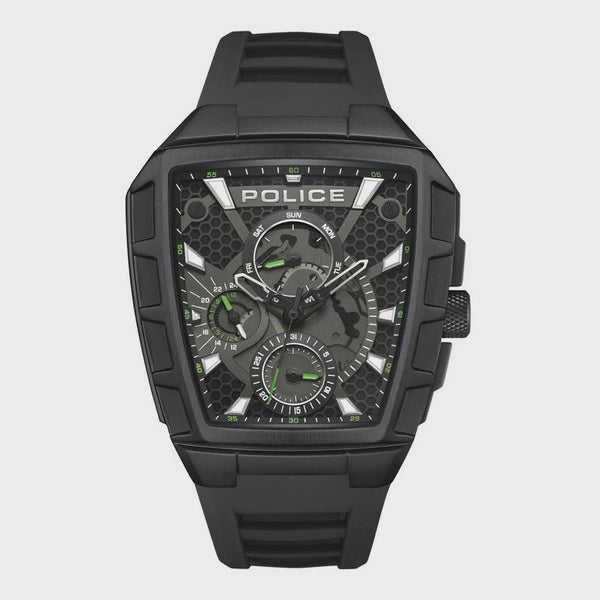 Police Tough Gear PEWGQ0056801 mens quartz watch with 46mm IP black stainless steel tonneau case, honeycomb textured black dial with green luminous hands, and black silicone strap