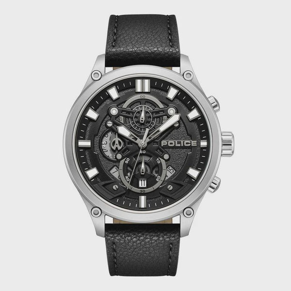 Police Wadden PEWGC0054205 men's chronograph watch with 46mm stainless steel case, black skeleton dial, and leather strap