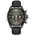 Police Menelik PEWJF0004303 multifunction chronograph watch with 44mm black IP stainless steel case, grey skeletonised dial, and black leather strap