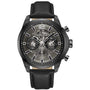 Police Menelik PEWJF0004303 multifunction chronograph watch with 44mm black IP stainless steel case, grey skeletonised dial, and black leather strap