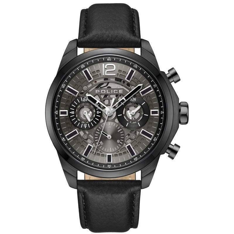 Police Menelik PEWJF0004303 multifunction chronograph watch with 44mm black IP stainless steel case, grey skeletonised dial, and black leather strap