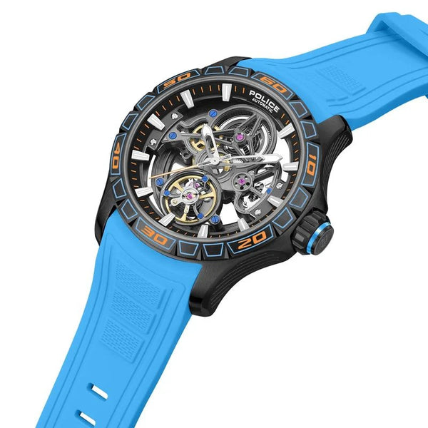 Police Spirit Automatic Skeletonised Black PVD Blue Strap Watch (PEWGR0097804)