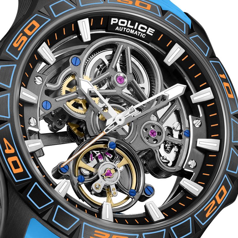 Police Spirit Automatic Skeletonised Black PVD Blue Strap Watch (PEWGR0097804)