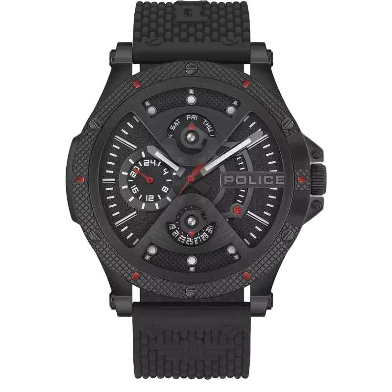 Police Surigao PEWJQ2110551 black PVD multifunction quartz watch with textured dial and silicone strap