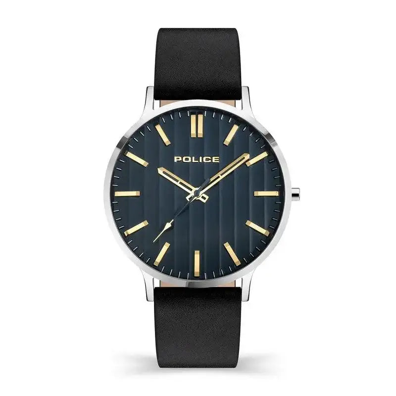 Police Tasman PL16023JS03A quartz watch with blue sunray dial, stainless steel case, and black leather strap
