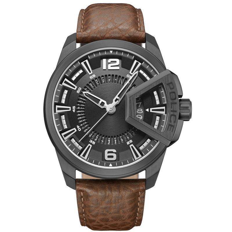 POLICE Underlined PEWJB0005602 men's quartz watch with black radial dial, gunmetal PVD stainless steel case, date display, and brown distressed leather strap