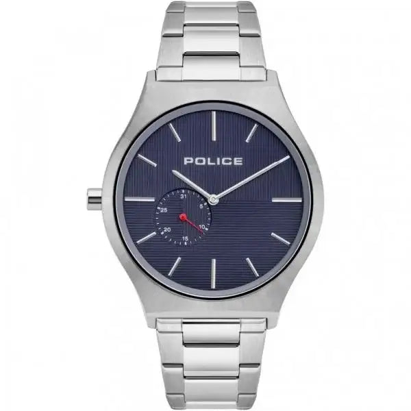 Police Orkney PL15965JS03M quartz watch with blue guilloché dial, stainless steel case and bracelet, sub-seconds at 6 o'clock
