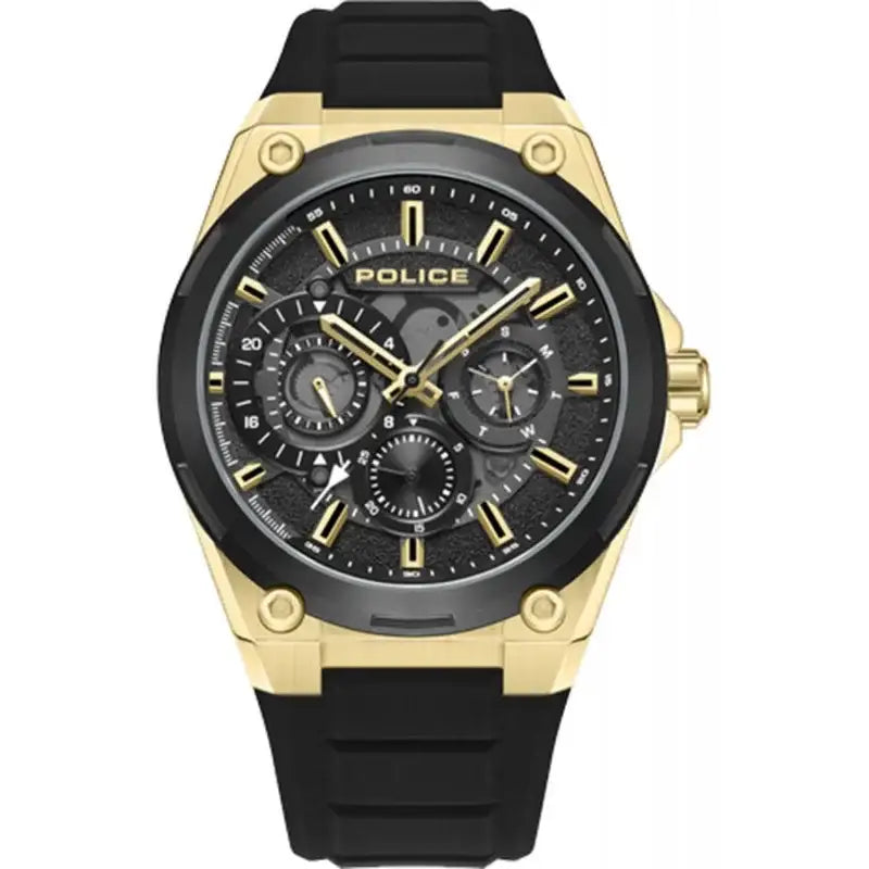 POLICE Salkantay PEWJQ2203241 mens quartz multifunction watch with 45mm gold-tone and black stainless steel case, black textured dial with luminous markers, and black silicone strap