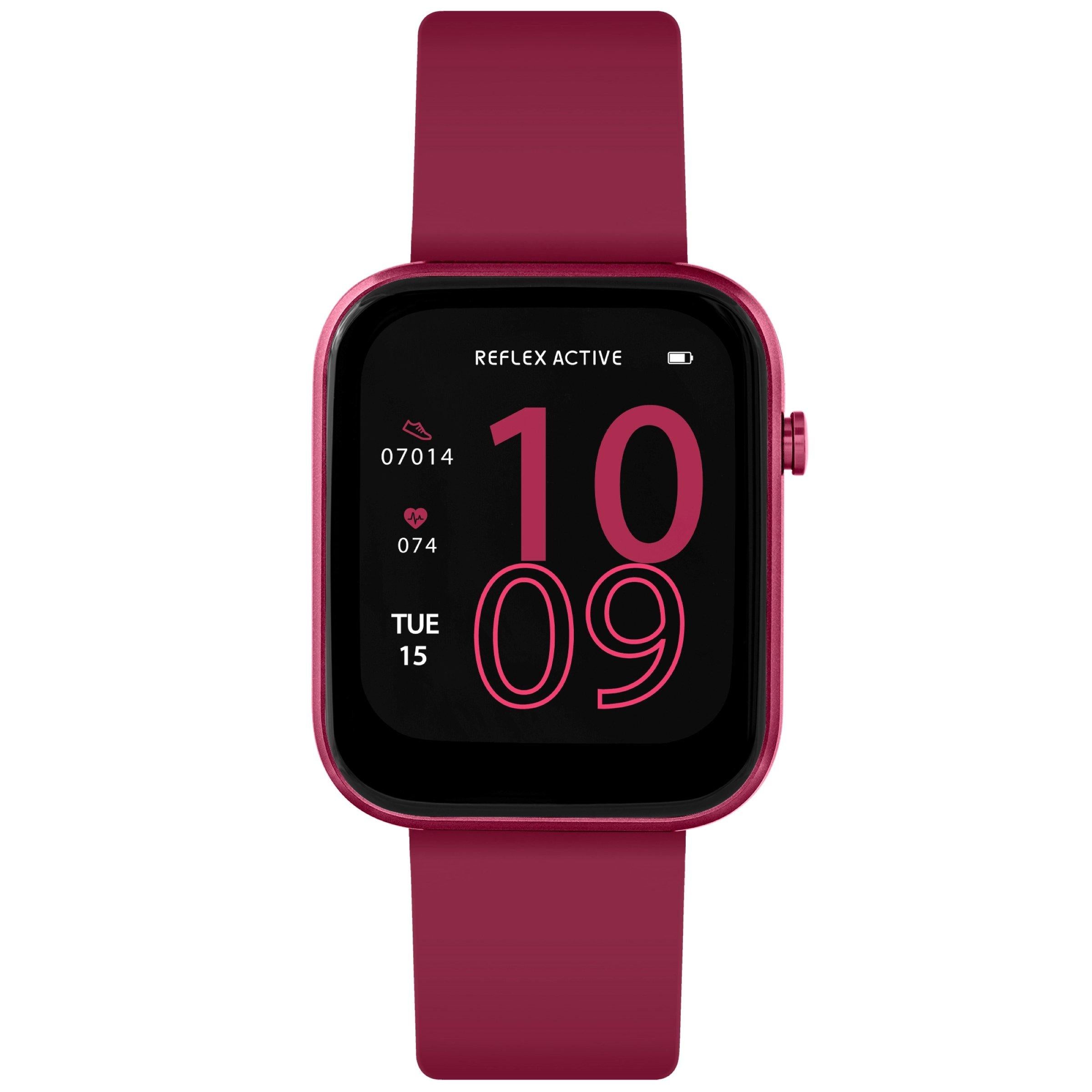 Reflex Active Nexus 100 S Lite pink smartwatch with square digital display and silicone strap showing heart rate and step count on black screen
