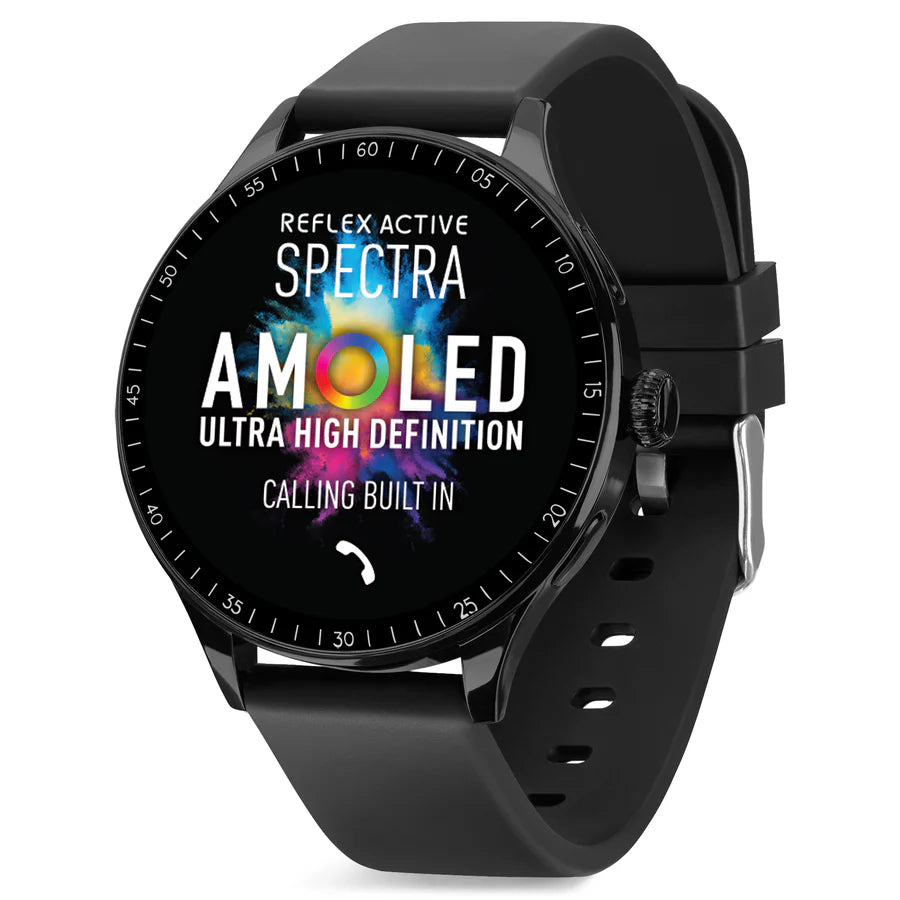 Reflex Active Spectra 300R AMOLED smartwatch with black case and silicone strap displaying ultra high definition calling screen
