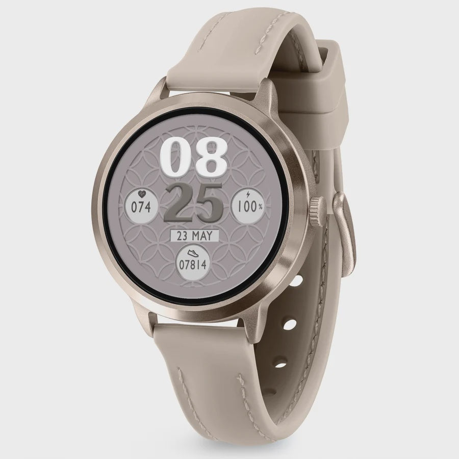 Reflex Active Spectra 300 R AMOLED calling smartwatch with 45mm round beige case, geometric grey dial display showing time and fitness metrics, and beige silicone strap with contrast stitching