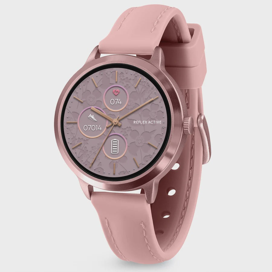 Reflex Active Spectra 300 R pink silicone strap smartwatch with grey textured dial, 40mm round aluminium case, heart rate monitor and step counter display